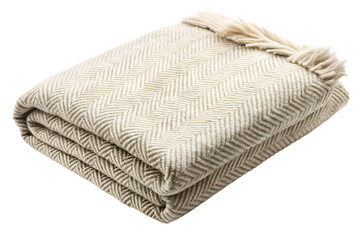 Folded woven throw blanket with fringe detail on edge isolated on transparent background.