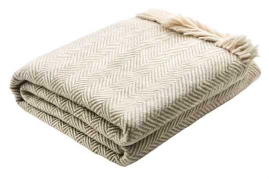 Folded woven throw blanket with fringe detail on edge isolated on transparent background.