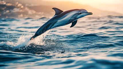 Fototapeta premium freedom, horizontal, idyllic, jumping, photography, color image, egypt, outdoors, sunset, sea, animal wildlife, animals in the wild, bay islands, bottle-nosed dolphin, 