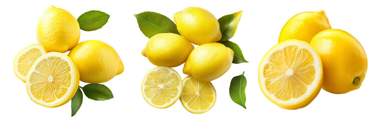 Set of yellow lemons with vibrant green leaves isolated on white transparent background, representing freshness and citrus fruits