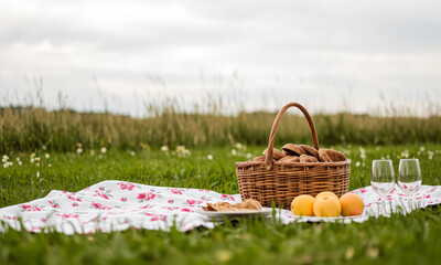 vintage-style picnic setup on lush grass floral blanket wicker basket with bread and fruits Generative AI