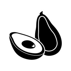 Silhouette of avocado fruit cut in half with seed and whole outline vector illustration