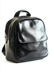 Naklejka premium A sleek black leather backpack positioned elegantly against a white background, showcasing its smooth texture and stylish design, ideal for fashion or lifestyle photography