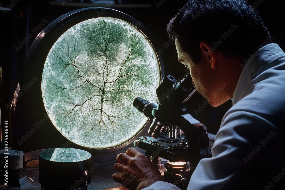 Aufkleber scientist examining a lichtenberg figure, a fractal pattern created by electrical discharge in a die