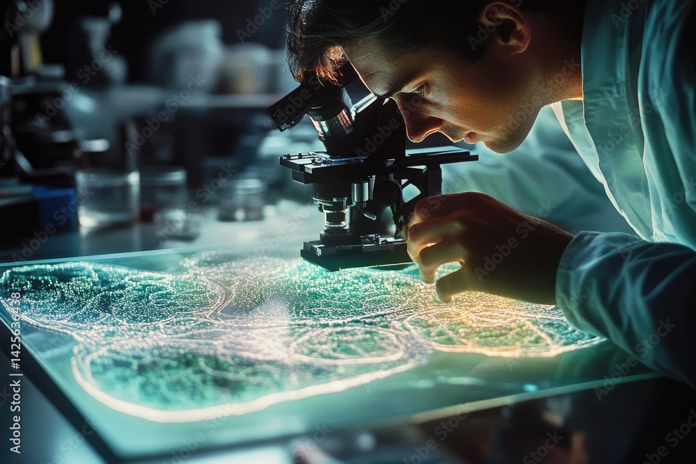 Poster A scientist meticulously examines a luminous, intricate bio-map using a high-powered microscope in a cutting-edge laboratory setting.