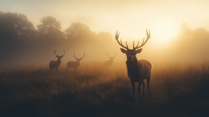 Majestic Deer in Misty Morning: A group of deer, their antlers prominent, stands in a misty field at dawn, their silhouettes emerging from the soft fog.