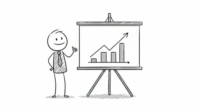 Simple stick figure businessman presenting an upward trending bar graph on a flip chart, concept for business presentations, financial reports, and marketing materials
