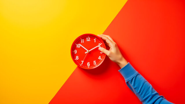 Bright Clock on Colorful Background with Hand Indicating Time, Concept of Time Management and Productivity in Daily Life