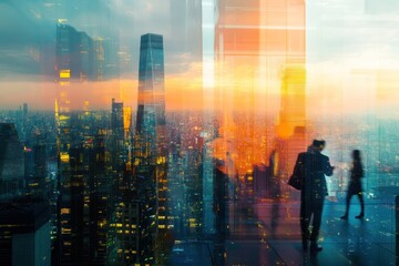 Silhouetted people overlook a cityscape with tall buildings and a colorful sky.