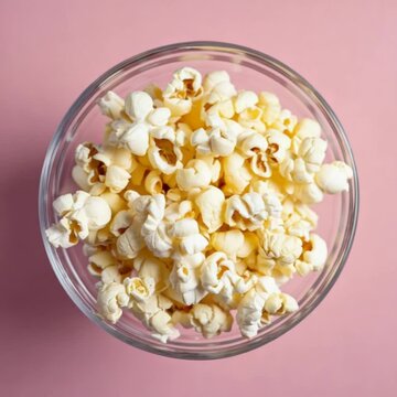up view of a glass bowl filled with popcorn in a pink background video