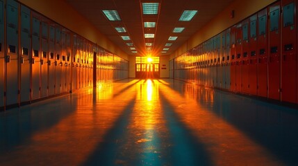 School Hallway Sunset Lockers and Light.