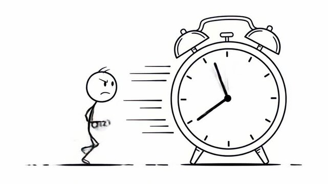Simple stick figure running away from a large alarm clock, concept for time management, deadline, and urgency illustrations