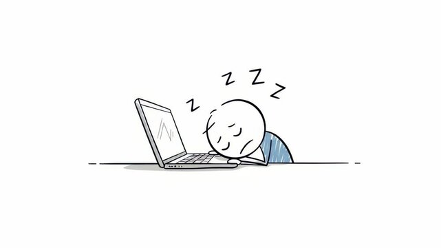 Simple doodle illustration of a person sleeping on a laptop, concept for work burnout, overwork, fatigue, and stress