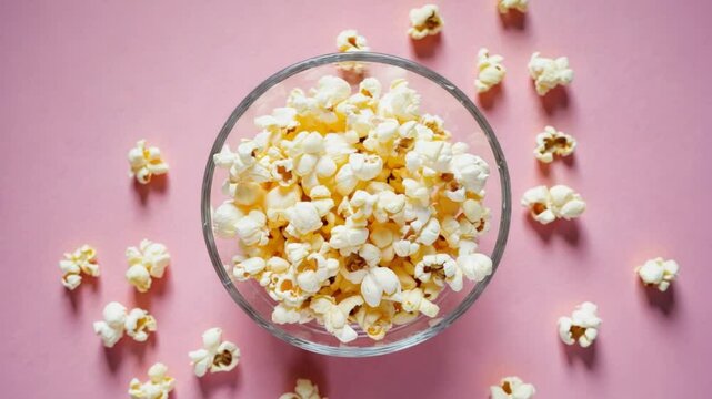 up view of a glass bowl filled with popcorn in a pink background video