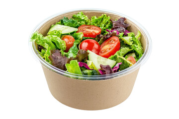 Colorful mixed salad packed in eco friendly cardboard bowl displayed clearly on white background surface