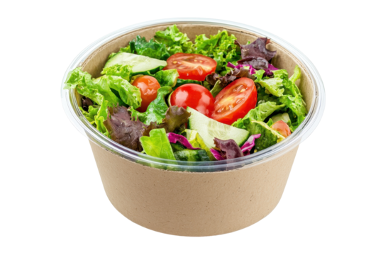 Colorful mixed salad packed in eco friendly cardboard bowl displayed clearly on white background surface