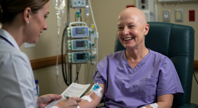Doctor and middle aged female cancer patient during chemotherapy. Oncologist discussing treatment with elderly Caucasian bald woman. Patient and nurse caregiver. Cancer survivor receiving good news - Powered by Adobe