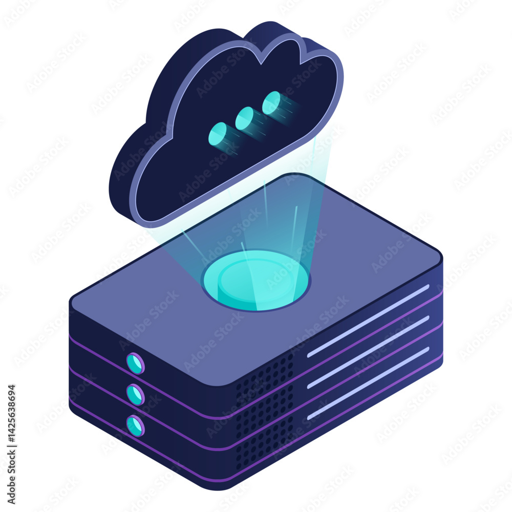 Poster isometric cloud database. cloud computing and file cloud storage. modern technology. isometric techn