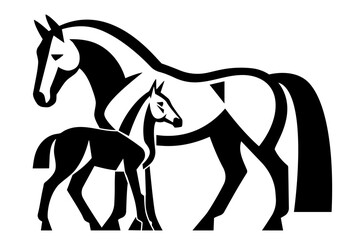 Stylized black and white vector illustration of a horse with a foal in minimal geometric design