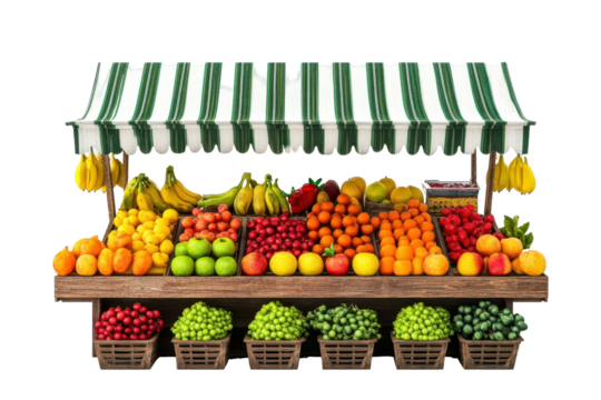 Vibrant market fruit stall with assorted fruits and street details isolated on bright white background for design
