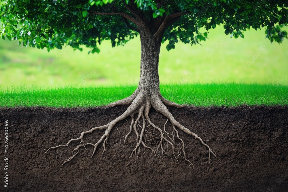 Poster tree with deep roots illustrating minimalism in nature