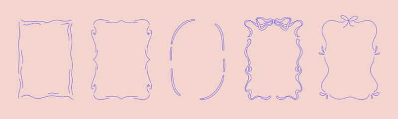 Collection of doodle hand drawn trendy frames with wavy lines, bows and ribbons. Minimalist line art for birthday, christmas, wedding Invitations.