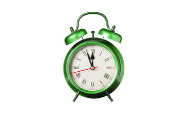 retro clock, pointer clock, green color alarm clock on isolated white background close up