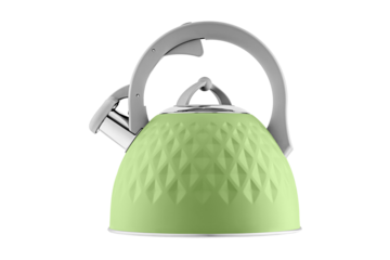 kettle with whistle, matte green color, with rhombus texture on isolated and white background close-up