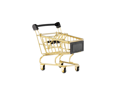 shopping trolley side view gold, yellow and black color cart on isolated white background close up