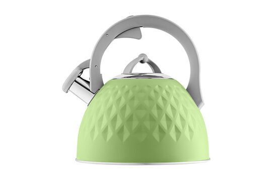 kettle with whistle, matte green color, with rhombus texture on isolated and white background close-up