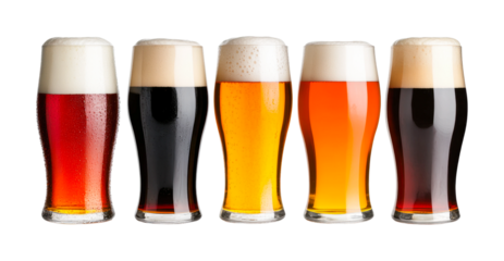 Variety of beer glasses displaying different types of brews with foam head, cut out - stock png.