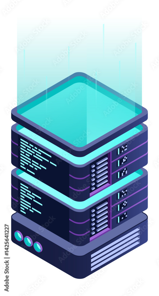 Poster isometric futuristic server. isometric database or data center. abstract blockchain. computer storag