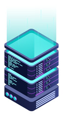 Isometric futuristic server. Isometric database or data center. Abstract blockchain. Computer storage. Cloud storage. Isometric technology