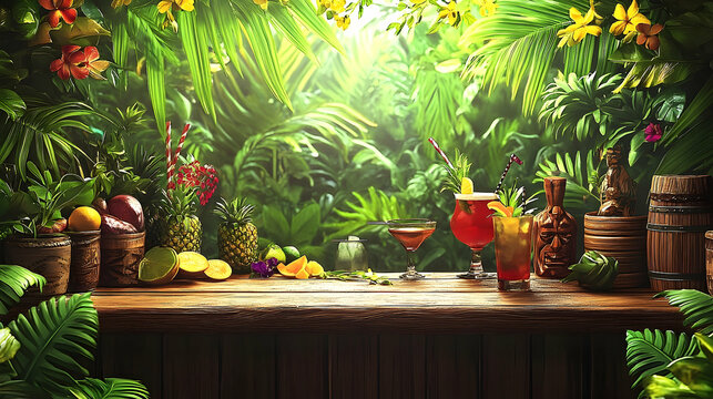 Tropical bar scene with vibrant cocktails and exotic fruits.