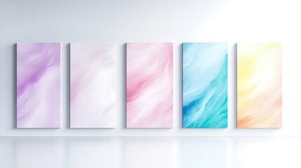 Abstract Watercolor Paintings, White Wall Gallery, Soft Pastel Style, High Resolution, Vertical Display, Smooth Textures, Serene Atmosphere, Minimalist Background, Gentle Hues, Ideal for Home Decor