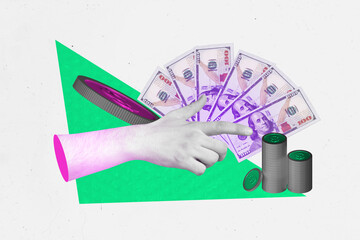 Trend artwork template design 3D collage sketch of hand finger touch pile coins cash banknote...