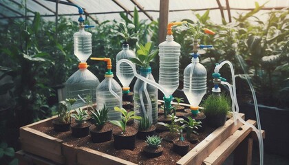 Simple drip irrigation system using plastic bottles in greenhouse