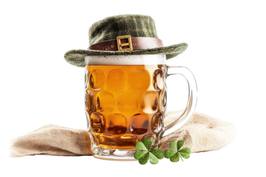 Glass mug of beer with green leprechaun hat and shamrock isolated on a clean white background