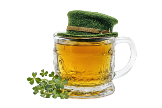 Festive beer mug topped with leprechaun hat and shamrock isolated on a crisp white background