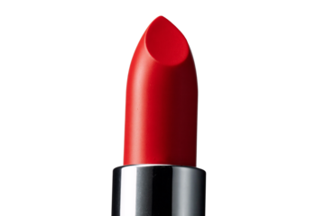 Classic vibrant red lipstick cosmetic bullet in a silver tube, angled macro shot for beauty and makeup concepts, isolated object with a transparent background for easy design use