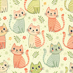 A seamless pattern features a funny cartoon cat, part of an animal vector set with cute illustrations for baby design for card making, wallpaper, clothing, textile and product design. 