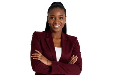 Professional Black businesswoman with braided hair, wearing a maroon blazer, smiling warmly at the camera, confident corporate portrait isolated against a transparent background