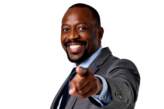 Confident Black businessman in a suit smiling broadly and pointing directly at the viewer, selecting you, isolated portrait on a transparent background for business concepts