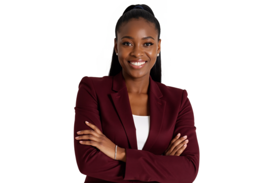 Professional Black businesswoman with braided hair, wearing a maroon blazer, smiling warmly at the camera, confident corporate portrait isolated against a transparent background