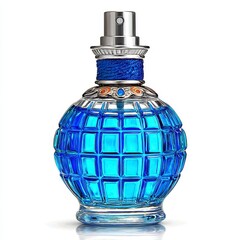 Intricate Blue Glass Perfume Bottle with Silver Cap