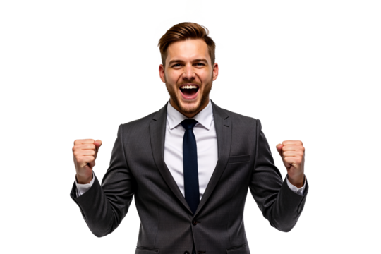 Ecstatic Caucasian businessman with beard, shouting in celebration with clenched fists raised, wearing a grey suit, expressing victory, isolated on a transparent background - Powered by Adobe