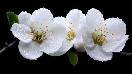 Delicate white blossoms with water droplets
