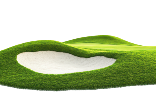 Lush green golf course with smooth hills and sand bunker isolated clearly on a bright white background