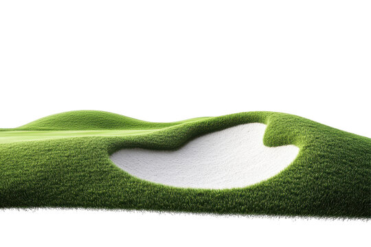 Scenic golf course with rolling green hills and sand bunker beautifully isolated on a clean white background