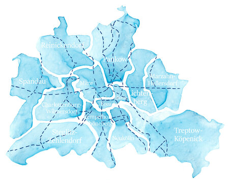 Watercolor map of Berlin districts with artistic blue design